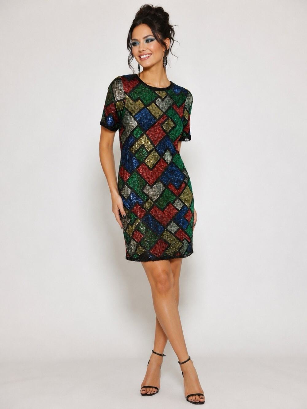 Vintage 100% Silk Eye Catching Beaded Cocktail Dress Bold Multicolor Mosaic S